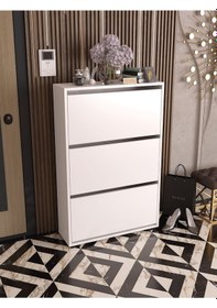 Resim 3 Bölmeli Raflı Ayakkabılık - Düşer Kapaklı Modern Antre Düzenleyici Beyaz 