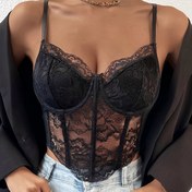 Resim Kadınlar için Kırmızı Dantel Kontrast Korse Üstü - Çiçek Desenli Yarı Şeffaf V-Yaka Büstiyer, Günlük Kullanım ve Akşam Giyimi için Ayarlanabilir Elmas Kemikli A Kesim 