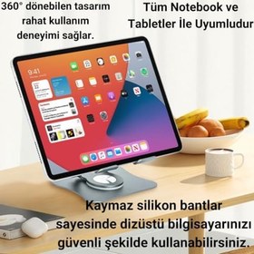 Resim Coofbe Alüminyum Yükseklik Ayarlı 360° Dönebilen Tablet Laptop Standı Masaüstü Laptop Standı Kaymaz Ped Gümüş 