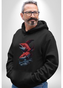 Resim Kırmızı Japon Balığı Kadın Erkek Siyah Kapüşonlu Sweatshirt Hoodie Siyah 