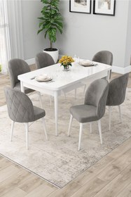 Resim Canisa Rut Serisi Açılabilir 80x132 Beyaz Mutfak Masası Takımı Ve 6 Cappucino Sandalye 