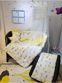 Resim 70x110 Bebek Uyku Seti Cibinlikli Ay Yıldız Desen Park Beşiklere Uyumlu 12 Parça (beşik Dahil Değild 
