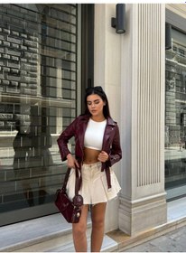 Resim Kadın Kısa Crop Suni Deri Biker Ceket Bordo Bordo 
