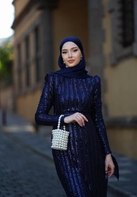 Resim BAHARYAMAÇLI Kadın Maren Lacivert Kemerli Şerit Pullu Tesettür Abiye Elbise 