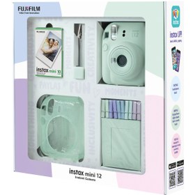 Resim Fujifilm Instax mini 12 Yeşil Fotoğraf Makinesi 10'lu Film Simli Pleksi Kılıf Mandal ve Kıskaçlı Resim Standı 