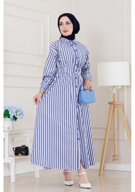 Resim Sevitli Çizgili Cepli Tesettür Elbise-lacivert-5135 Lacivert 