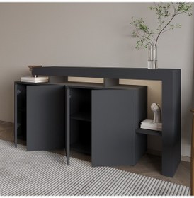 Resim İnarch Dizayn Beliz Led Işıklı Modern Konsol 170 Cm, 4 Kapaklı Ve İç Raflı Depolama, Tasarım Antrasit 