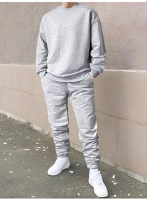 Resim Erkek Düz Eşofman Takımı Sweatshirt Jogger - Gri Oversize Şardonlu Bisiklet Yaka Gri 