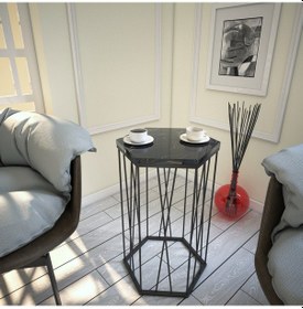 Resim Cetrus Siyah Mermer Yan Sehpa & Servis Sehpası Metal Royal 