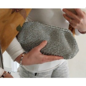 Resim Kemzey Handmade Parlak Tutmalı El Çantaları , El Yapımı Işıltılı Clutch, Örgü El Çantası Açık Gri 