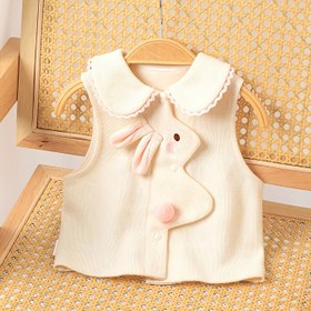 Resim Kız Çocuk Beyaz Kolsuz Yelek Tavşan & Kalp Desenli - Yumuşak Örme Düğmeli, Fırfırlı Yakalı & Dantel Detaylı, İlkbahar/Sonbahar Giyim Katmanı, Günlük Kombinler İçin Mükemmel, Dış Mekan İçin, Elde Yıkama veya Kuru Temizleme, Tavşanlar & Kalplarla Oyuncu Tasarım 