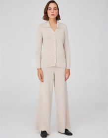 Resim Peraluna Polo V Yaka Ribana Örgü Fit Kesim Kadın Triko Bluz Ekru 