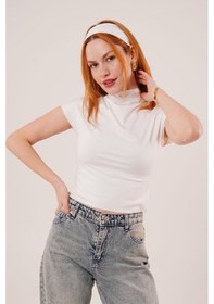 Resim Boğazlı Parlak Kumaş Beyaz Crop Çok Renkli 