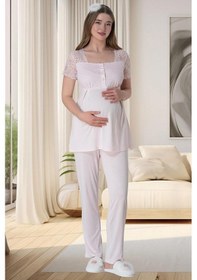 Resim Mecit Pijama Mecit 6010 Bayan Pembe Dantelli Hamile Lohusa Pijama Takımı 001 