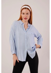Resim Cep Detay Çizgili Oversize Mavi Gömlek Mavi 