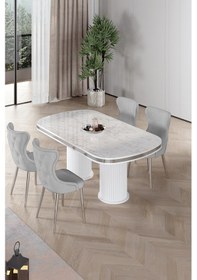 Resim Canisa Galya Serisi Lak Panel 90x168 Sabit Beyaz Mermer Desen Mutfak Masa Takımı 4 Sandalye Beyaz Mermer Masa Gri Sandalye 