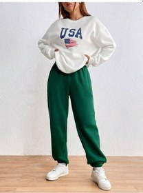 Resim Usa Bayrak Eşofman Takımı Beyaz Sweatshirt Yeşiljogger - Baskılı Oversize Şardonlu Bisiklet Yaka Beyaz 