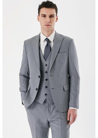Resim İmza Gri Desenli Kırlangıç Yaka Yelekli 6 Drop Slim Fit Dar Kesim Klasik Takım Elbise 1001240157-gri Gri 