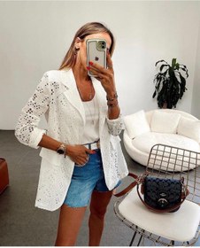 Resim CNG MODA Kadın Güpürlü Ekru Blazer Yazlık Ceket 
