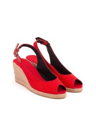 Resim Star Tombis Gerçek Elişi Burnu Açık Arkası Bantlı Dolgu Topuk Kırmızı Keten Hasır Espadril Handmade Kırmızı 