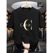 Resim Erkekler için büyük beden kısa kollu tişört, şık "C" ve "V" baskılı - Rahat yuvarlak yaka, yumuşak süt lifli dokusu, rahat fit için günlük kıyafet, her gün tişört | Şık harf yazısı tişört | Esnek malzeme, BÜYÜK BEDEN 