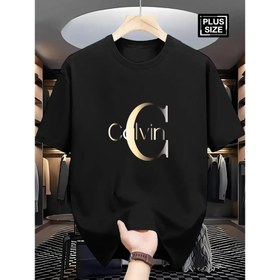 Resim Erkekler için büyük beden kısa kollu tişört, şık "C" ve "V" baskılı - Rahat yuvarlak yaka, yumuşak süt lifli dokusu, rahat fit için günlük kıyafet, her gün tişört | Şık harf yazısı tişört | Esnek malzeme, BÜYÜK BEDEN 