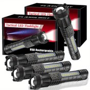 Resim 4 adet Süper Parlak Çok Fonksiyonlu LED El Feneri, Şarj Edilebilir ve Yakınlaştırılabilir Kamp Feneri - Ayarlanabilir Odak, USB Şarjlı Taşınabilir Arama Lambası Kamp, Yürüyüş, Acil Durum, Açık Hava Macerası için 