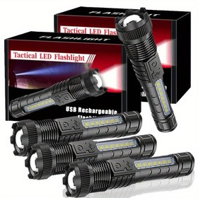 Resim 4 adet Süper Parlak Çok Fonksiyonlu LED El Feneri, Şarj Edilebilir ve Yakınlaştırılabilir Kamp Feneri - Ayarlanabilir Odak, USB Şarjlı Taşınabilir Arama Lambası Kamp, Yürüyüş, Acil Durum, Açık Hava Macerası için 