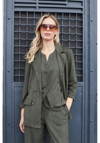 Resim Kadın Süet Dokulu Kumaş Yakalı Capri Kol Cep Kapaklı Blazer Ceket-haki Haki 