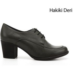 Resim Gönderi R Bağcıklı Orta Kalın Topuklu Hakiki Deri Oxford Ayakkabı Haki 