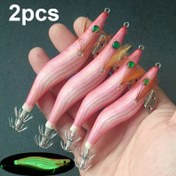 Resim 2 Adet Parlayan Kalamar Yemleri - 3 Üçlü Kancalı Lüminesans Suni Karides Jig, Pembe & Yeşil Karanlıkta Parlayan Deniz Balıkçılığı Yemi (2.5#/3# Boyutlar Mevcut), Gerçekçi Kalamar Yemi, Doğal Ahşap Tasarım, Derin Deniz Balıkçıları İçin 