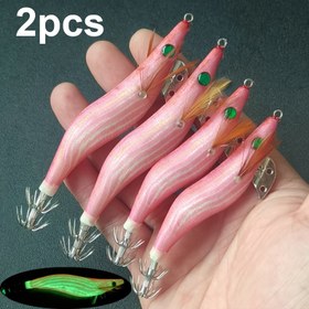 Resim 2 Adet Parlayan Kalamar Yemleri - 3 Üçlü Kancalı Lüminesans Suni Karides Jig, Pembe & Yeşil Karanlıkta Parlayan Deniz Balıkçılığı Yemi (2.5#/3# Boyutlar Mevcut), Gerçekçi Kalamar Yemi, Doğal Ahşap Tasarım, Derin Deniz Balıkçıları İçin 