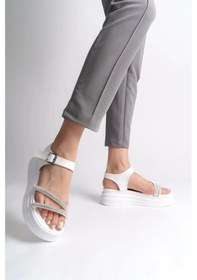 Resim Zlohe Kalın Tokalı Taşlı Şeritli Ortopedik Taban Kadın Sandalet Bt - Beyaz Beyaz 