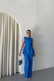 Resim Genel Markalar JAKAR KETEN KOLSUZ BLUZ-PANTOLON TK - Mavi 