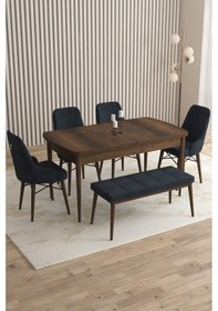 Resim Mazaka Serisi 80x132 Açılabilir Mdf Barok Ahşap Desen Masa Takımı 4 Gri Sandalye 1 Bench Antrasit 