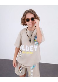 Resim Miniko Kids Erkek Çocuk Bluey Modelli Pamuk Şortlu Takım Ekru 