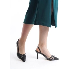 Resim Difolia Kadın Siyah Cilt 9 cm Ince Topuklu Sivri Burunlu Yanları Acık Stiletto 
