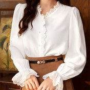 Resim Kadınlar için şık V-yaka dantel bluz, %95 Polyester %5 Elastane, tüm mevsimler için düz renk dokuma gömlek, kontrast dantel detayları ile yetişkin moda 
