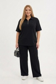 Resim Kadın Büyük Beden Kısa Kollu Yarım Fermuarlı Polo Yaka Eşofman Takımı 8262-26 - Siyah / 6XL 