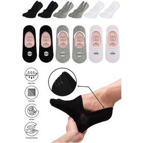Resim Saysez Bambu Kadın Babet Siyah-beyaz-gri Çorap Dikişsiz Görünmez Kaydırmaz Topuk Silikonlu Premium 6'lı Set Renkli 