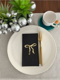 Resim Gold Yaldızlı Siyah Fiyonk Baskılı Garson Katlama Peçete 16 Adet 