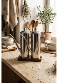 Resim Atbyhome 2'li Çelik 3 Parça 1000ml Standlı Çok Amaçlı Demlik Yağlık Yağdanlık Seti Çelik 