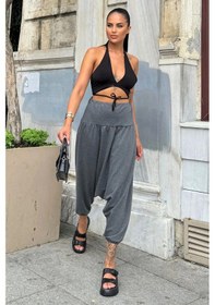 Resim Kadın Antrasit Yüksek Bel, Paçası Lastikli, Salaş Örme Şalvar Pantolon Antrasit 
