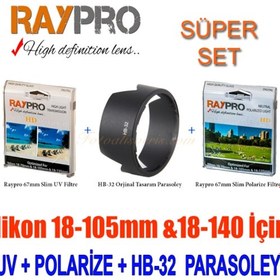 Resim Raypro 67Mm Hd Slim Uv + Polarize Filtre + Hb-32 Parasoley Seti 