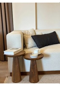 Resim Wood Wooden 2 Li Set Fitilli Derin Çizgili Mantar Yan Sehpa 