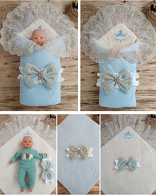 Resim Trikocotton Içi Kuzulu Taç Nakış Güpürlü Fiyonklu Duvaklı Prizma Taş Unisex Kundak Bebek Battaniyesi 