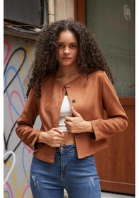 Resim Kadın Esnek Süet Kumaş Sıfır Yaka Flato Cepli Uzun Kol Blazer Ceket-taba Taba 