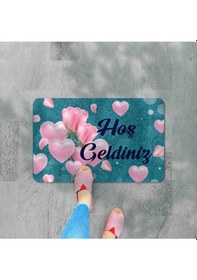 Resim Dijital Baskılı Kapı Önü Paspas Hoşgeldiniz Yazılı Çiçek Desenıç Ve Dış Kapı Paspası Yıkanabilir Siyha 