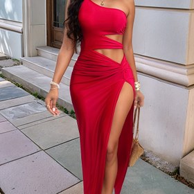 Resim Kadınlar için tek omuzlu kırmızı vücut sarmalı elbise, yüksek-başlı hemline - yaz için kolsuz esnek polyester elbise, şık düz renk tasarımı ile kesikli bel ve ön kesik, günlük veya resmi etkinlikler için mükemmel, sevimli elbise 