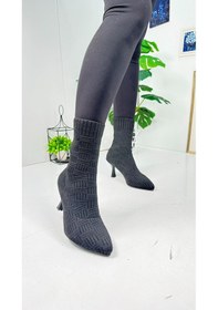 Resim Günlük Kadın Bot Yüksek İnce Topuklu Triko Esnek Sivri Burunlu Tırtıklı Taban Rahat Bootie 170 Siyah 